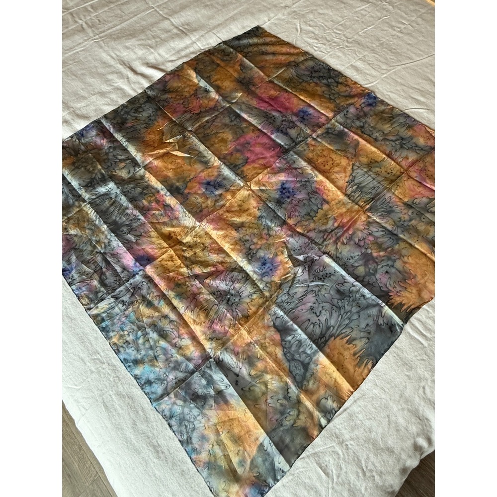 Vintage Silk Square Scarf Womens OS Multicolor Hand Painted Abstract Floral Art - Picture 5 of 10